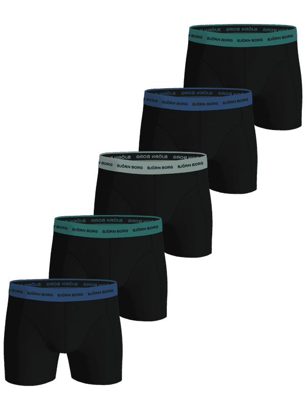 Cotton Stretch Boxers 5-pack i svart bomullsstretch med logoresårer i turkos, blått och grönt.