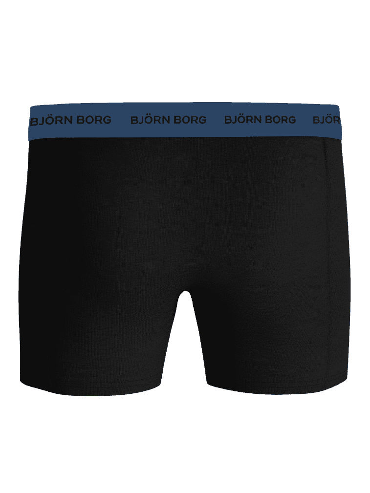 Achteraanzicht van de zwarte Björn Borg Cotton Stretch Boxers 5-pack met een blauwe microvezel tailleband en zwart logo. - Image 3