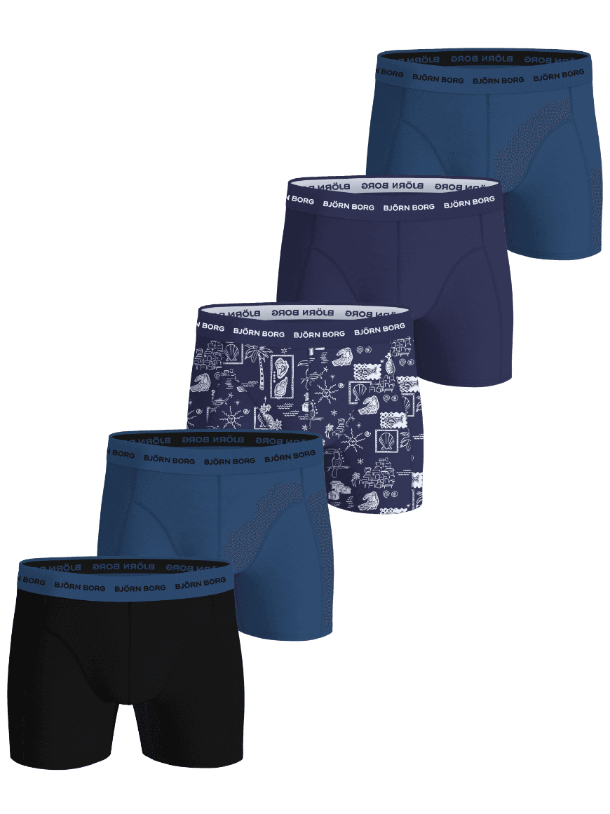 Cotton Stretch Boxers 5-pack in zwart, blauw, marineblauw en een tropische print met witte logo's en functioneel katoen. - Image 1