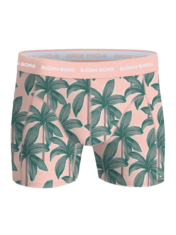 Front view of Cotton Stretch Boxers 5-pack, featuring pink and green palm tree print boxer briefs with white logo waistband. - Image 5