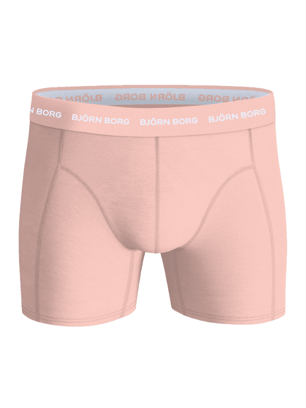 Front view of the pink Björn Borg Cotton Stretch Boxers 5-pack boxer briefs for men with a white logo waistband. - Image 7