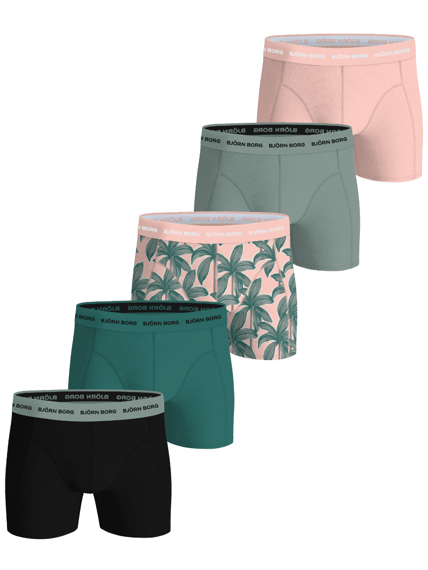 Cotton Stretch Boxers 5-pack voor heren in roze, grijs, blauw, zwart en palmprint met witte logotailleband. - Image 1