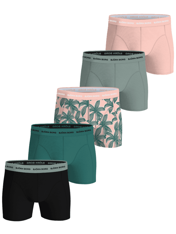 Cotton Stretch Boxers 5-pack for men in pink, grey, blue, black, and palm print boxer briefs with white logo elastic.