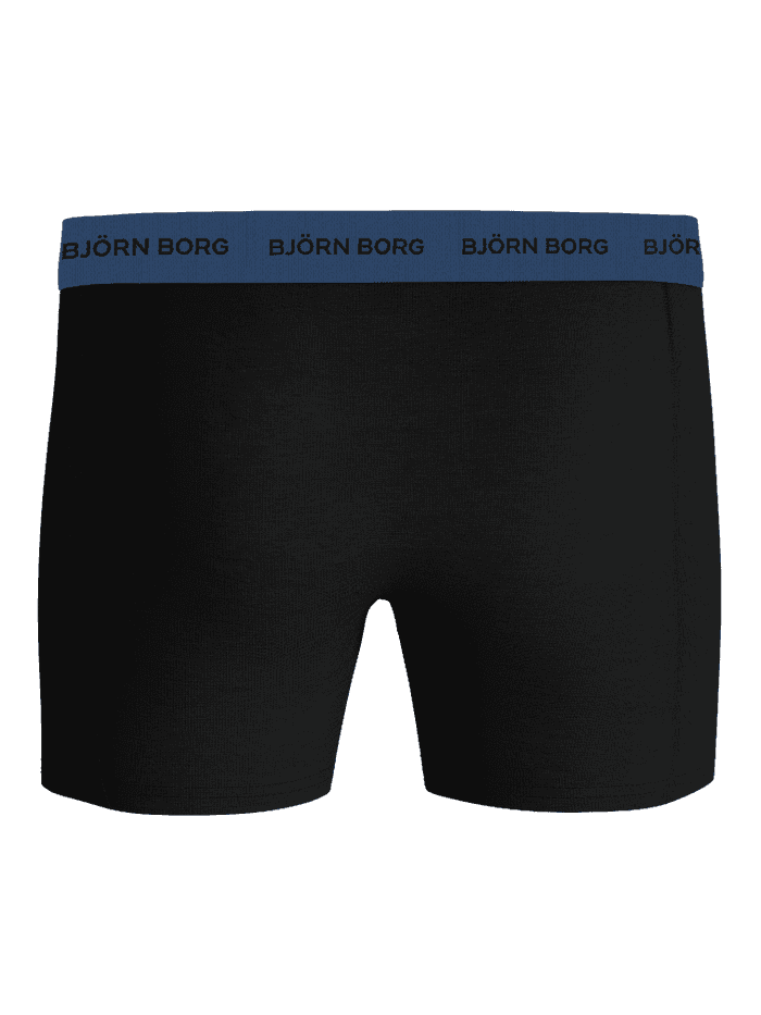 Front view of the black Cotton Stretch Boxers 5-pack featuring a blue waistband with a black logo and soft cotton. - Image 3