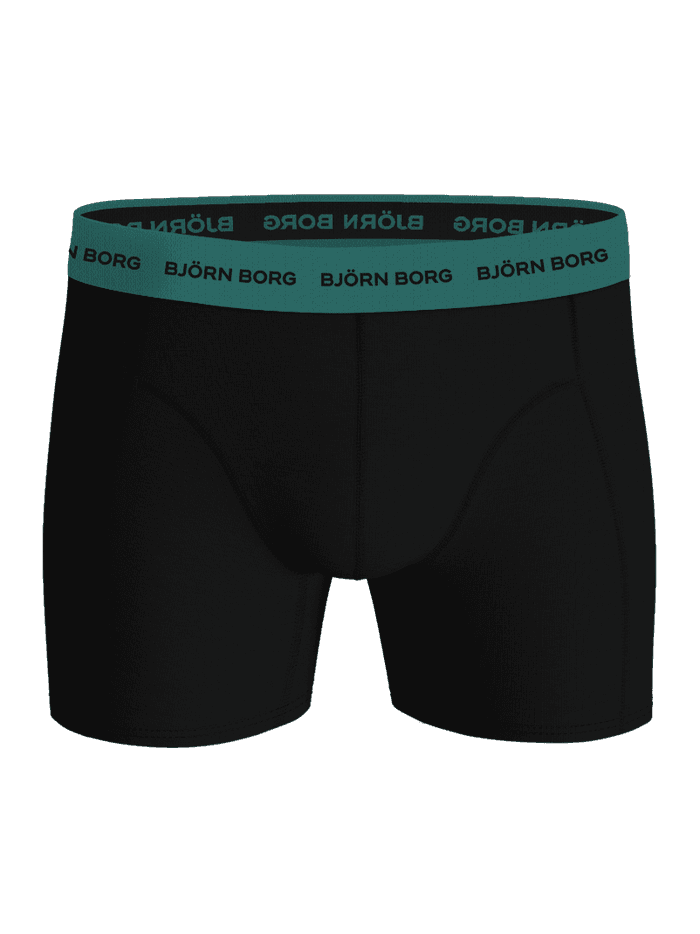 Front view of the black Cotton Stretch Boxers 5-pack featuring a teal microfiber logo waistband for functional style. - Image 4