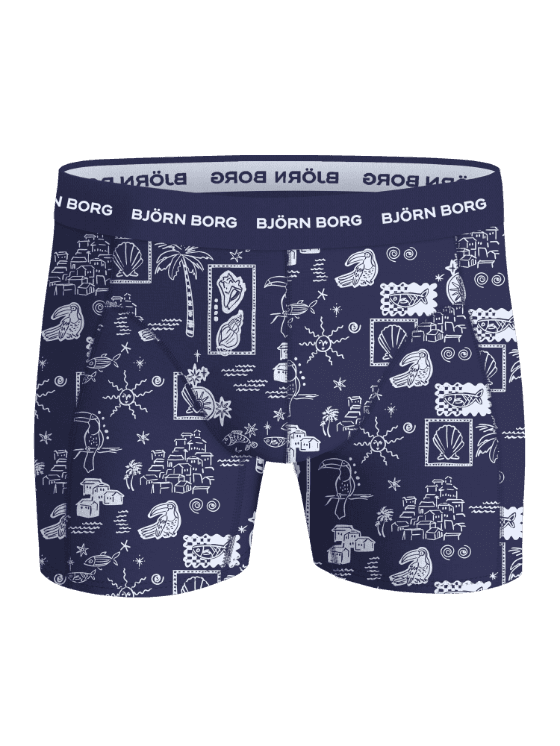 Cotton Stretch Boxers 5-pack in marineblauw met een witte tropische print en een witte logotailleband. - Image 5