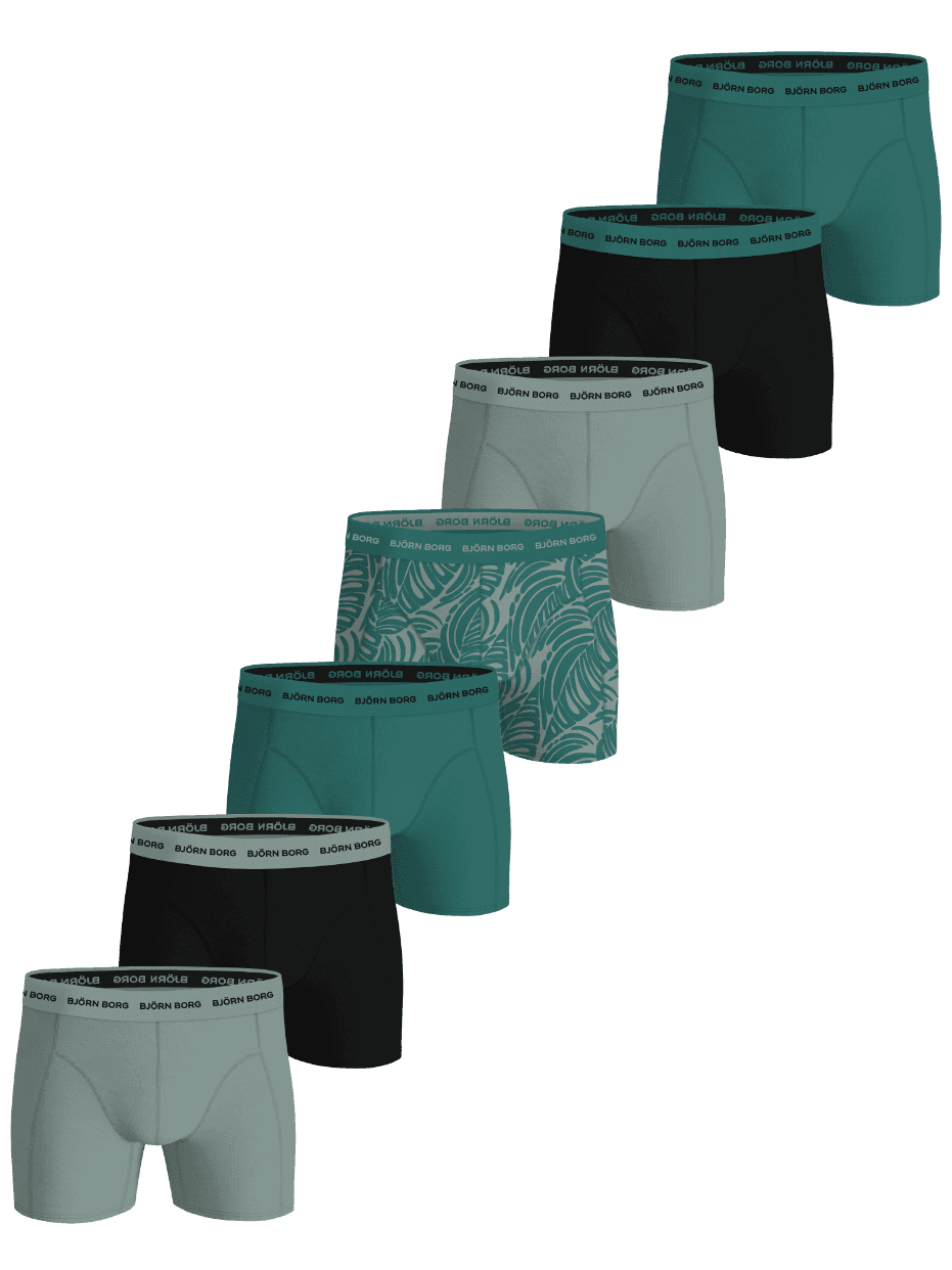 Cotton Stretch Boxers 7-pack herenboxers in zwart, blauw, grijs en bladmotief met logo-taillebanden. - Image 1