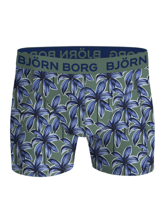 Front view of the Cotton Stretch Boxers 7-pack with a blue palm tree print and a navy logo on a green waistband. - Image 6