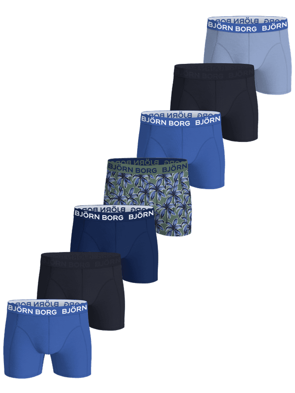 Björn Borg Cotton Stretch Boxers 7-pack in blue, navy, and palm print, featuring soft mid-rise cotton boxer briefs for men.