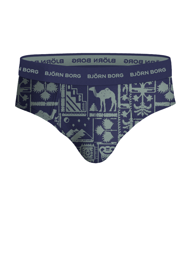 Cotton Stretch Briefs 3-pack in navy blue with a graphic camel print and a light logo for style and function. - Image 3