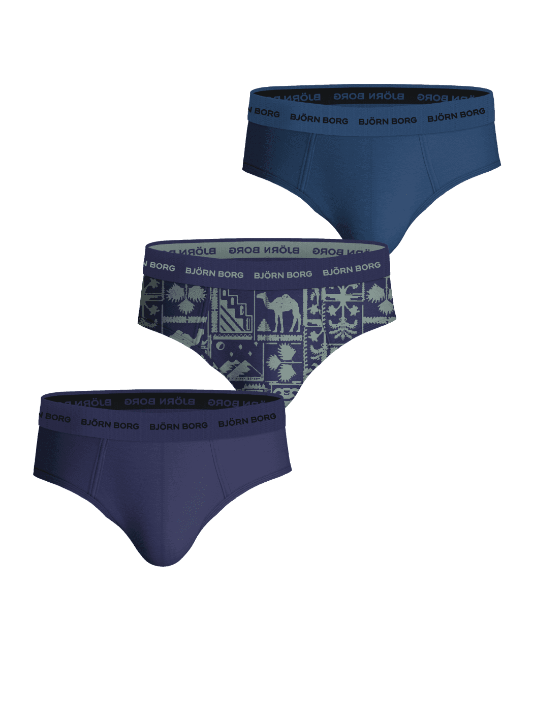 Cotton Stretch Briefs 3-pack in blauw, navy en woestijnlandschap print met zwarte elastische logotaillebanden. - Image 1