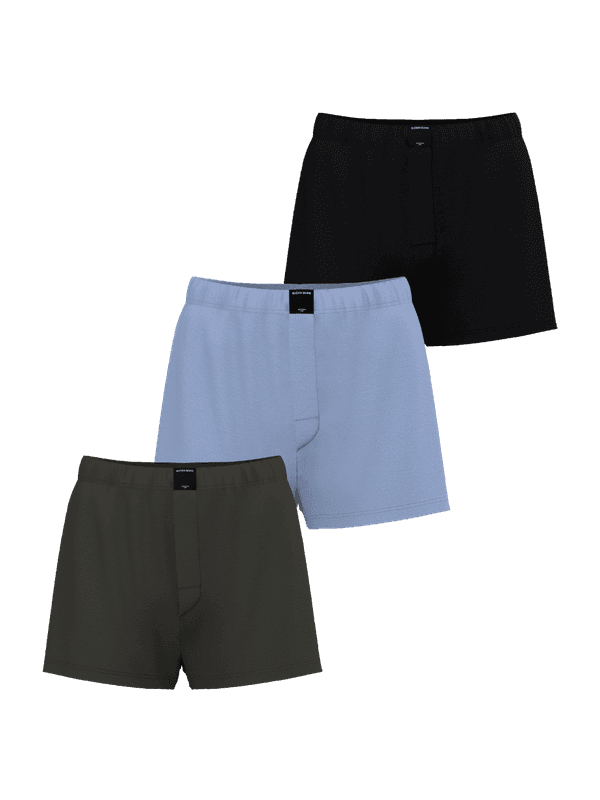 Cotton Stretch Jersey Boxer Shorts 3-pack i svart, blått och grått med funktionell lös passform i mjuk bomullsjersey.