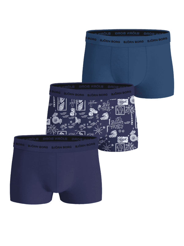 Cotton Stretch Trunks 3-pack i blått, marinblått och tropiskt mönster med en mjuk svart logoresår för män.