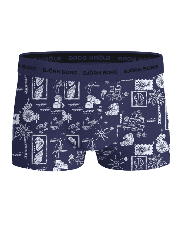 Vorderansicht der Cotton Stretch Trunks 3-pack in Navy mit weißem tropischem Print und schwarzem Logo-Bund. - Image 4