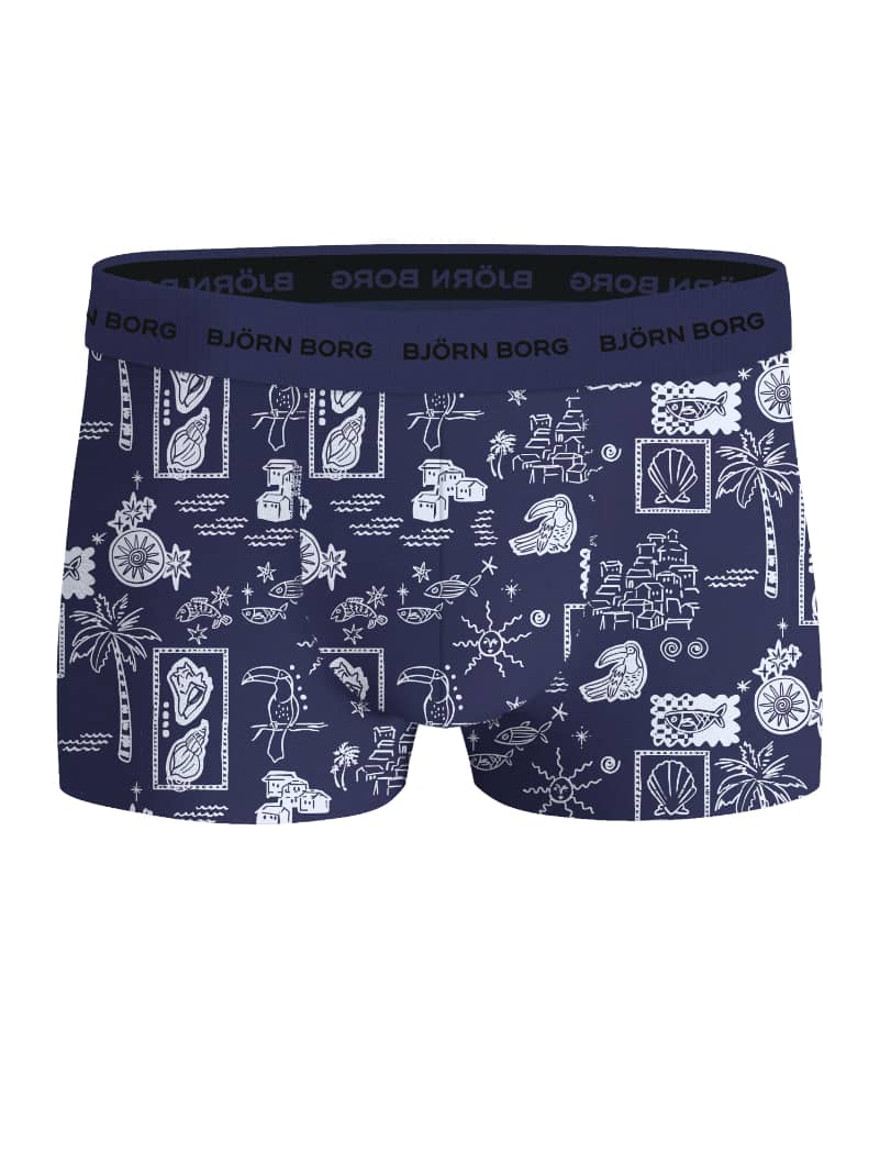 Front view of the navy blue Cotton Stretch Trunks 5-pack for men, featuring a white tropical print and black logo waistband. - Image 5