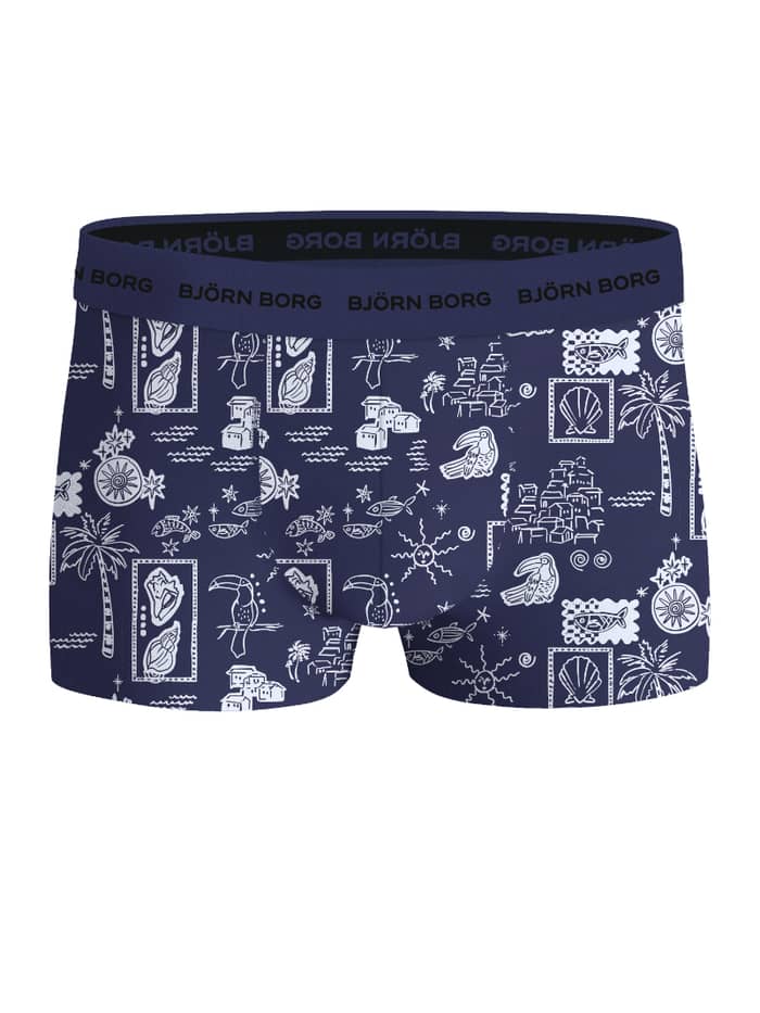 Marineblauwe Cotton Stretch Trunks 5-pack voor heren met een witte tropische print en zwarte logoband, vooraanzicht. - Image 5