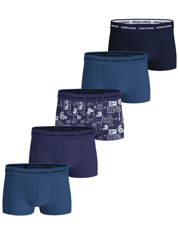 Cotton Stretch Trunks 5-pack för män i marinblått, blått och mönstrat med vita logotyper på resår i mikrofiber.