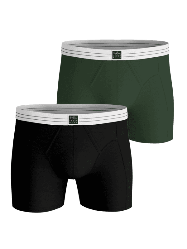 Front view of the green and black Björn Borg Viscose Cotton Blend Boxers 2-pack with a soft fit and black logo patches.