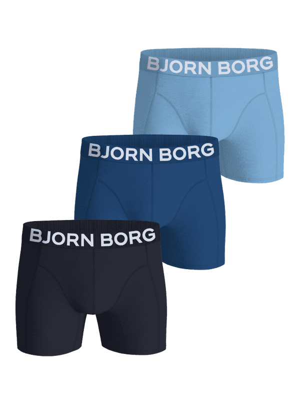 Björn Borg Organic Cotton Stretch Boxers 3-pack in blue and navy, featuring functional boxer briefs with logo waistbands.