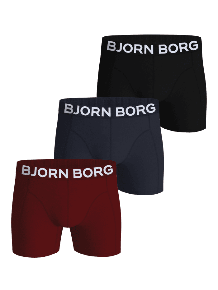 Organic Cotton Stretch Boxers 3-pack in zwart, navy blue en rood met witte Björn Borg logo-taillebanden.
