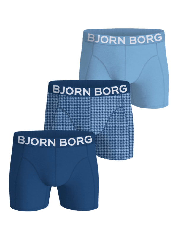 Organic Cotton Stretch Boxers 3-pack featuring solid blue and checked boxer briefs with white logo elastic waistbands.