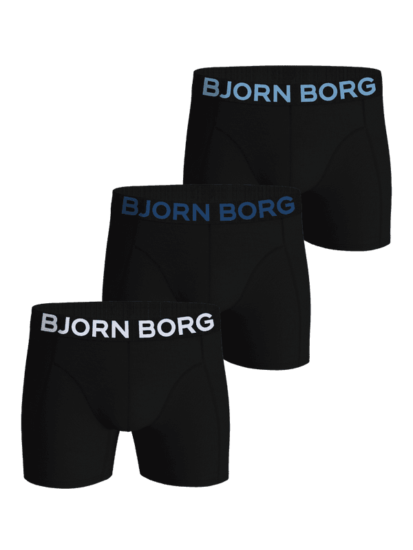 Organic Cotton Stretch Boxers 3-pack featuring black boxer briefs with blue and white logos in a soft cotton stretch blend.