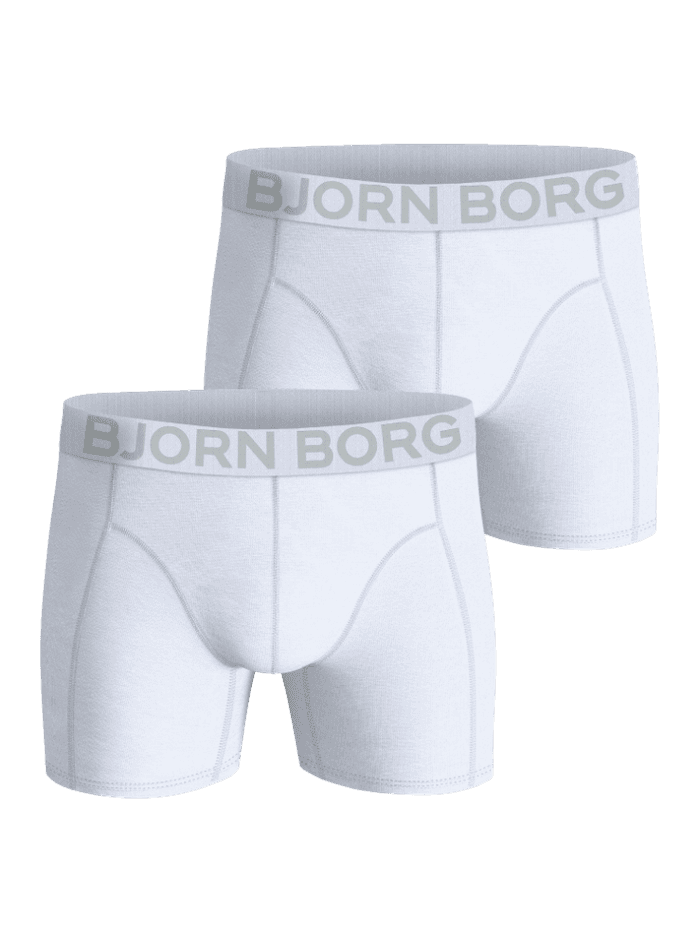 Organic Cotton Stretch Boxers 2-pack in Weiß zeigt zwei weiche Boxer Briefs aus Baumwolle mit grauen Logos.