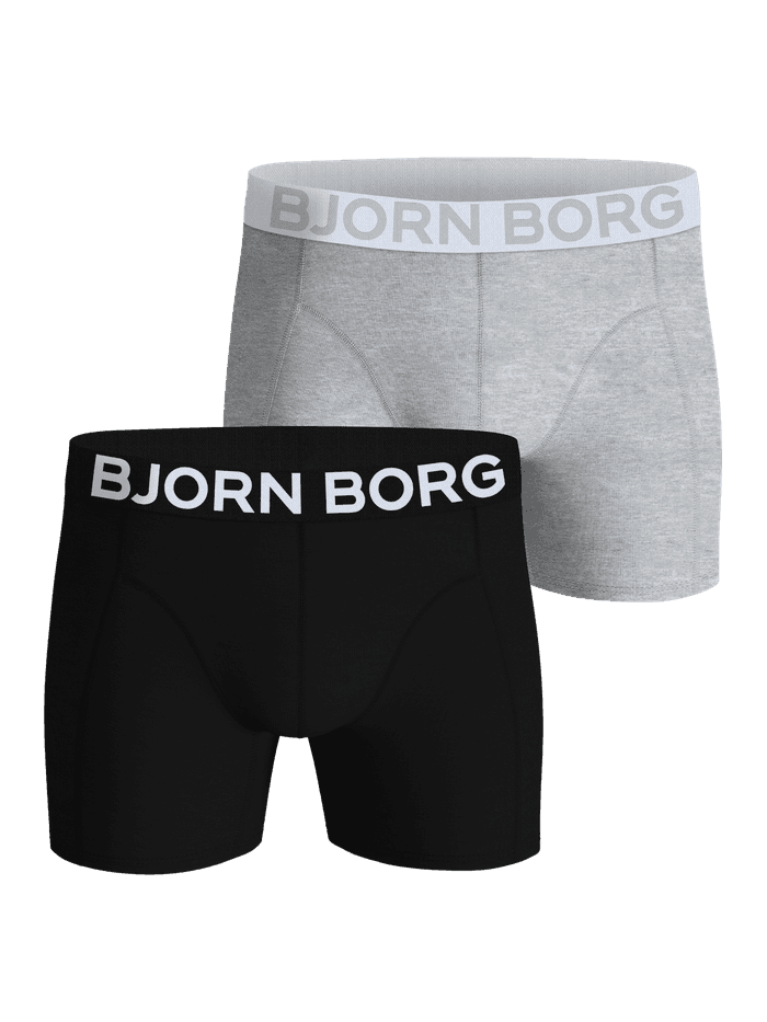 Organic Cotton Stretch Boxers 2-pack featuring black and grey melange boxer briefs with white and grey logo waistbands.