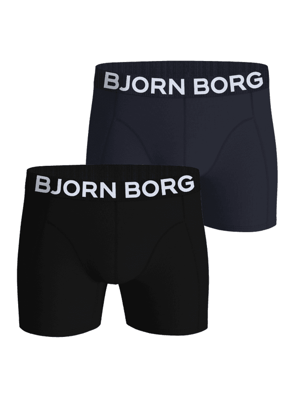 Organic Cotton Stretch Boxers 2-pack in navy blue and black featuring soft logo elastic for premium style and function.