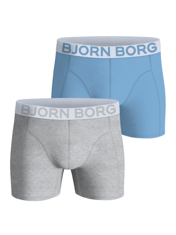 Björn Borg Organic Cotton Stretch Boxers 2-pack in blue and grey melange featuring tonal logo elastic waistbands.