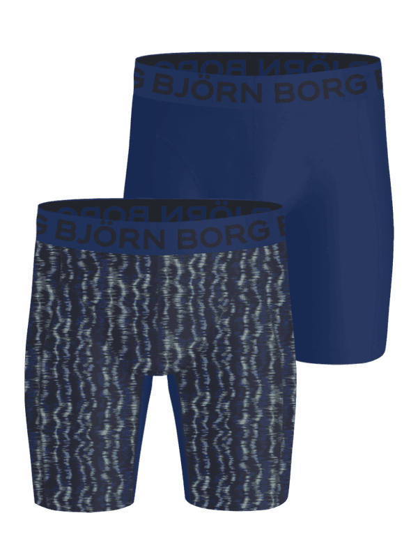 Sports Lightweight Long Leg Boxers 2-pack bleu marine et à imprimé ondulé en microfibre avec logos noirs pour l'entraînement.