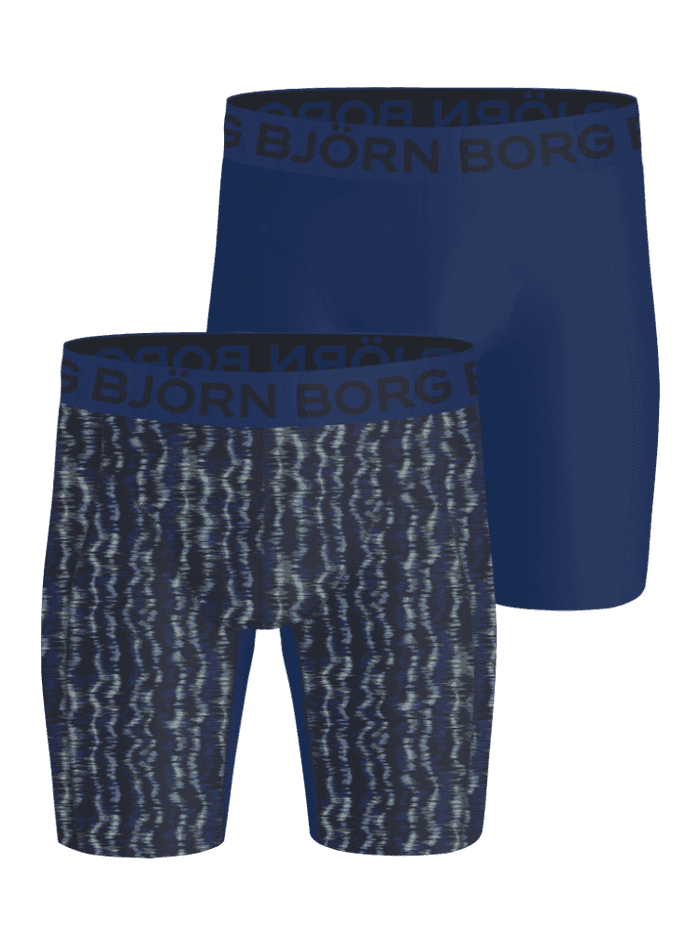 Sports Lightweight Long Leg Boxers 2-pack bleu marine et à imprimé ondulé en microfibre avec logos noirs pour l'entraînement.