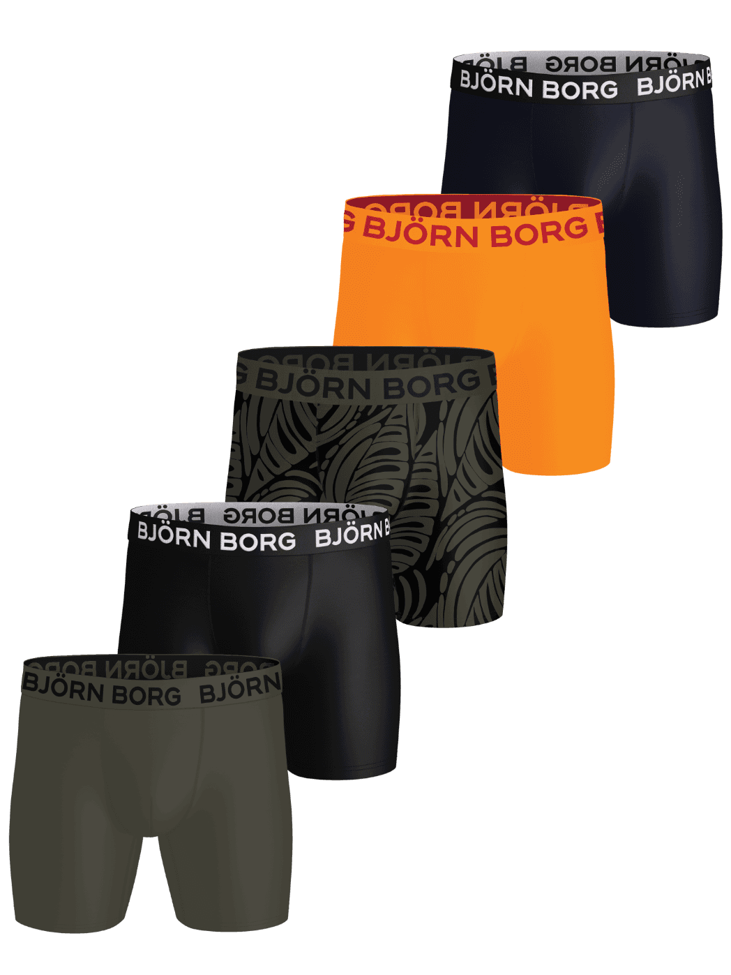 Sports Microfiber Boxers 5-pack met sneldrogende trainingboxershorts in marineblauw, oranje, zwart, groen en bladerprint. - Image 1