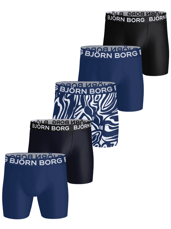 Sports Microfiber Boxers 5-pack en microfibre noir, marine et imprimé pour l'entraînement avec logo blanc.