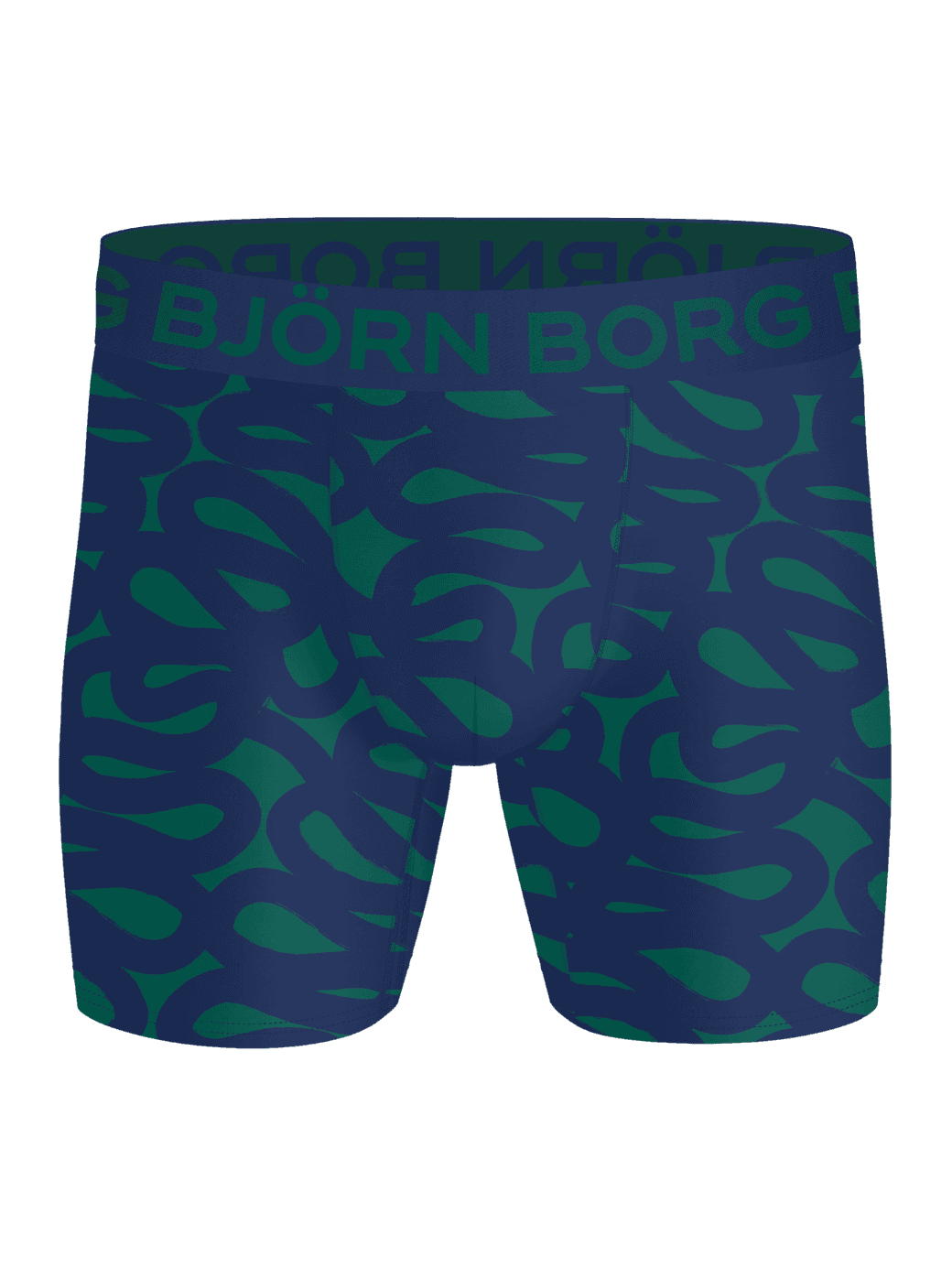 Front view of the Sports Microfiber Boxers 3-pack in navy blue and green print, boxer briefs for training with a green logo. - Image 4