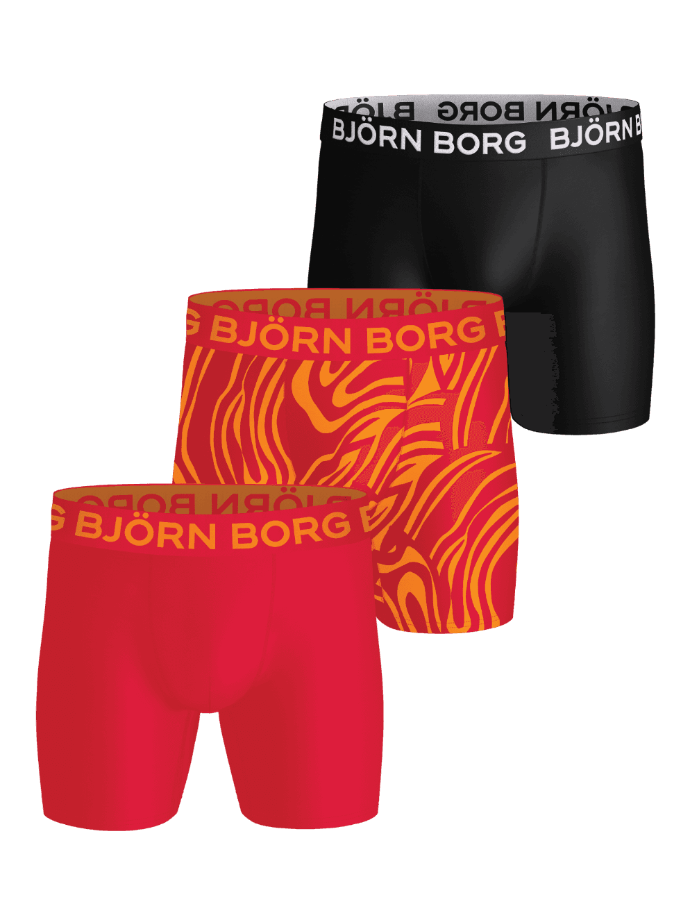 Sports Microfiber Boxers 3-pack in zwart, rood en print voor training van sneldrogende microvezel met witte en oranje logo's. - Image 1