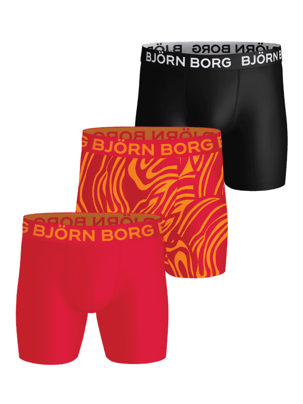 Sports Microfiber Boxers 3-pack in black, red, and print quick-dry boxer briefs for training with white and orange logos.