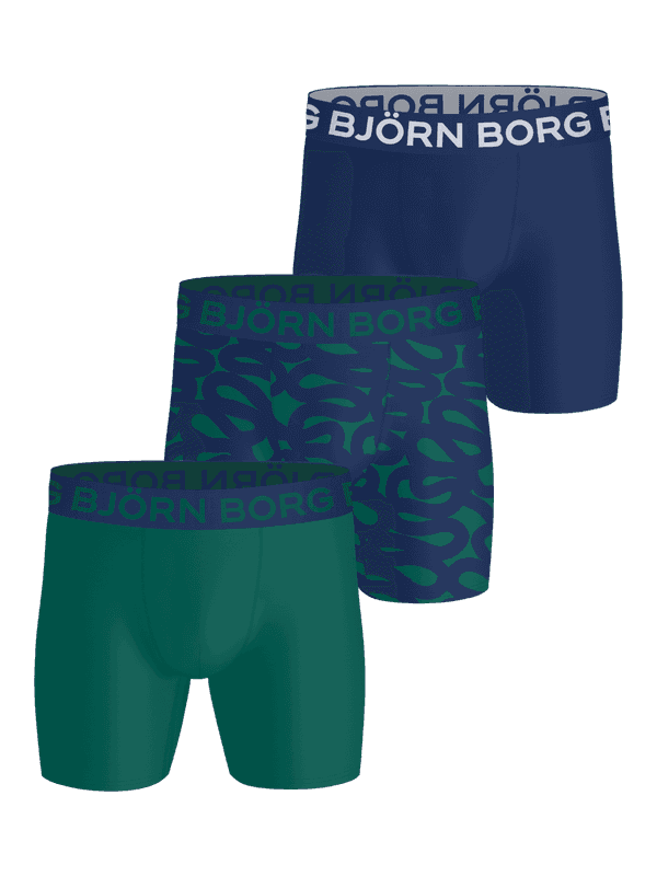 Sports Microfiber Boxers 3-pack bleu marine, vert et imprimé en microfibre à séchage rapide pour l'entraînement.