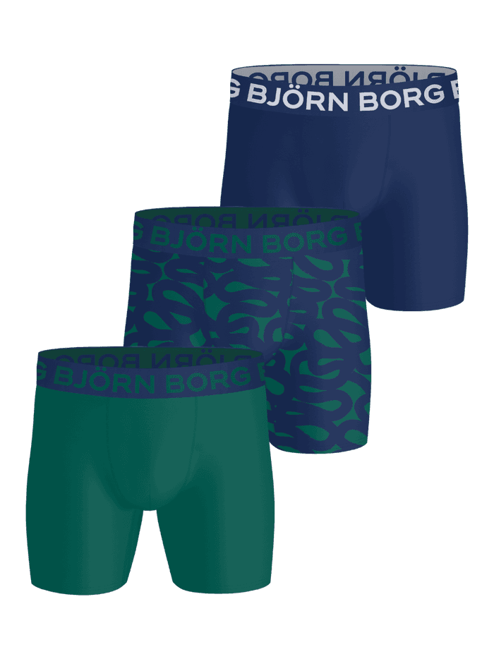 Sports Microfiber Boxers 3-pack i marinblått, grönt och mönstrat microfiber med vit och grön logotyp för träning.