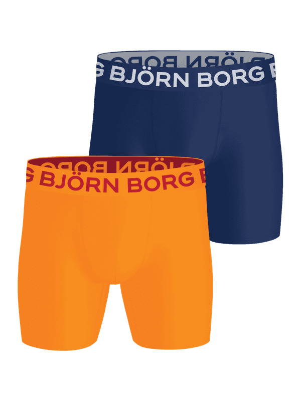 Sports Microfiber Boxers 2-pack bleu marine et orange en microfibre pour l'entraînement avec logos blanc et rouge.