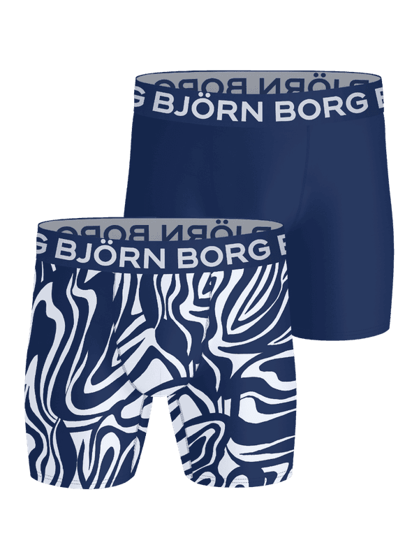 Sports Microfiber Boxers 2-pack marine et imprimé tourbillon blanc en microfibre avec logos blancs pour l'entraînement.