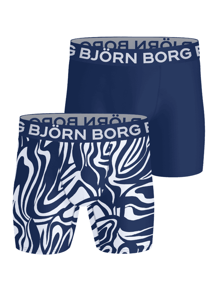Sports Microfiber Boxers 2-pack i mikrofiber med marinblått och vitt virvelmönster och logotyper för träning.