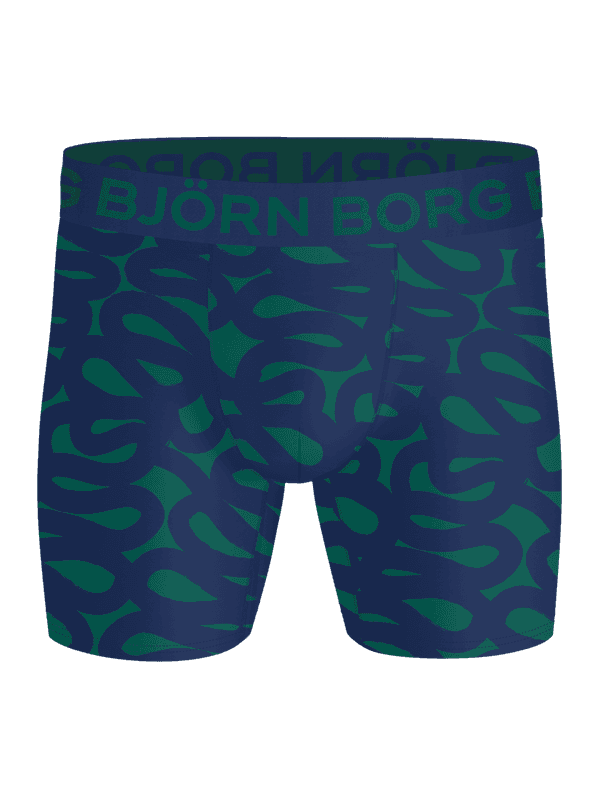 Björn Borg Sports Microfiber Boxer 1-pack in Serpent Big 2 (Blue and Green) for training with a wavy print and green logo.
