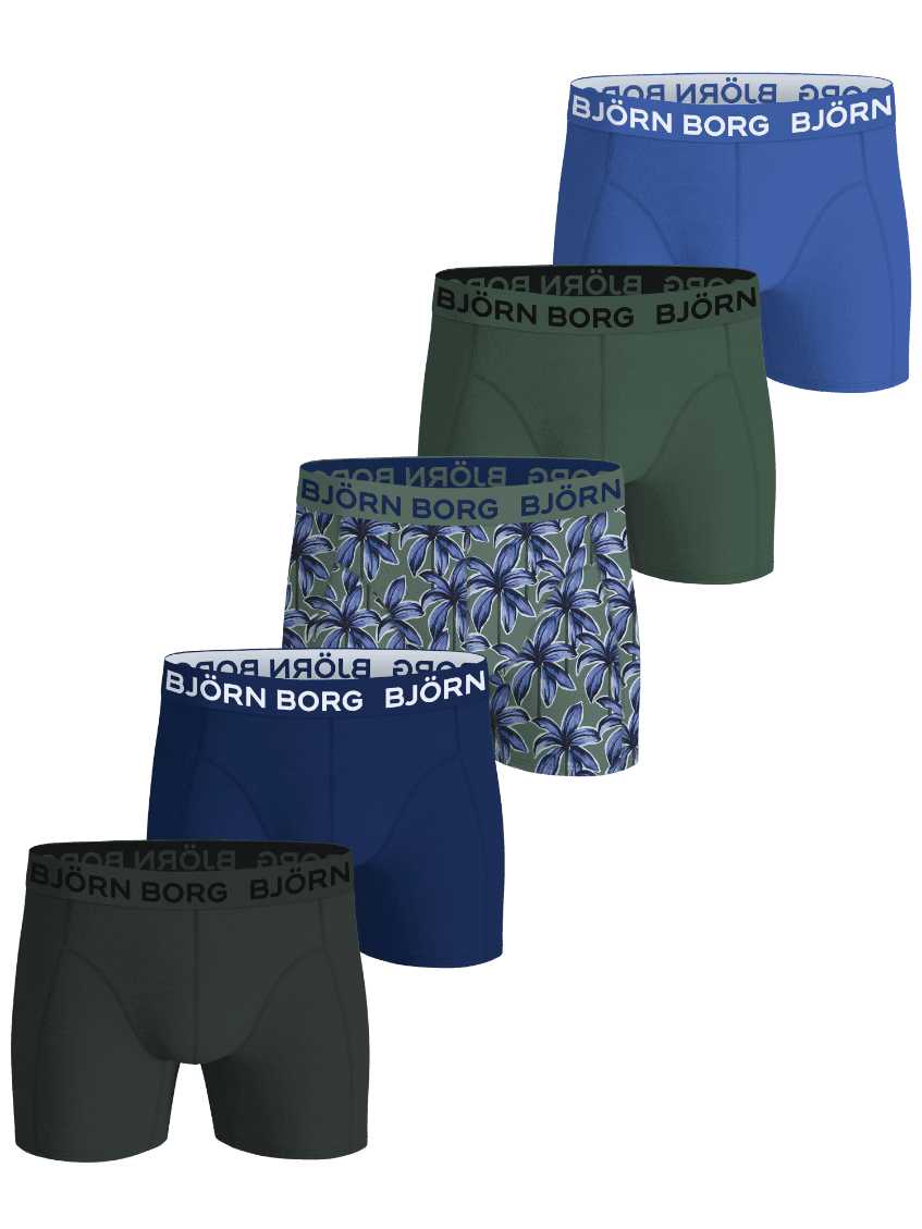 Kids' Björn Borg Cotton Stretch Boxers 5-pack with blue, green, and navy soft cotton boxer briefs, a palm print and logos. - Image 1
