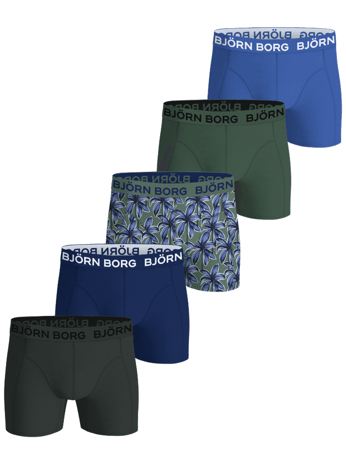 Björn Borg Cotton Stretch Boxers 5-pack för kids i mjuk bomull med blått, grönt, marinblått, palmtryck och logotyp.