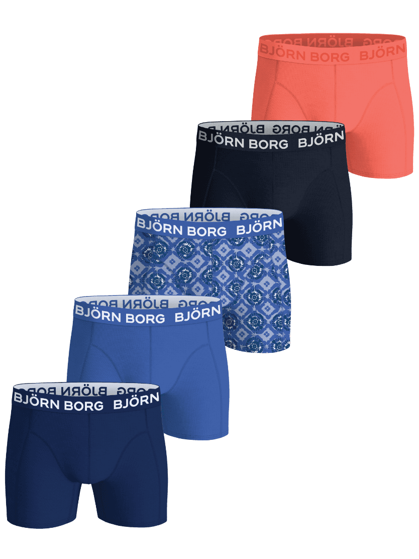 Front view of the Cotton Stretch Boxers 5-pack for kids in soft cotton, with orange, blue, navy, and a geometric pattern. - Image 1