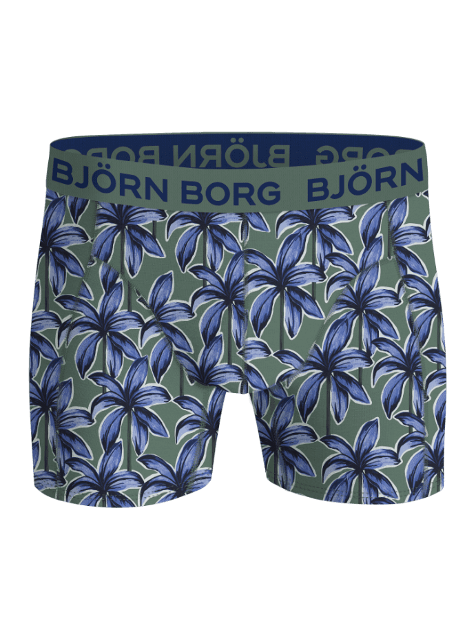 Cotton Stretch Boxers 5-pack for kids featuring a green and blue palm tree print and a navy logo waistband. - Image 5