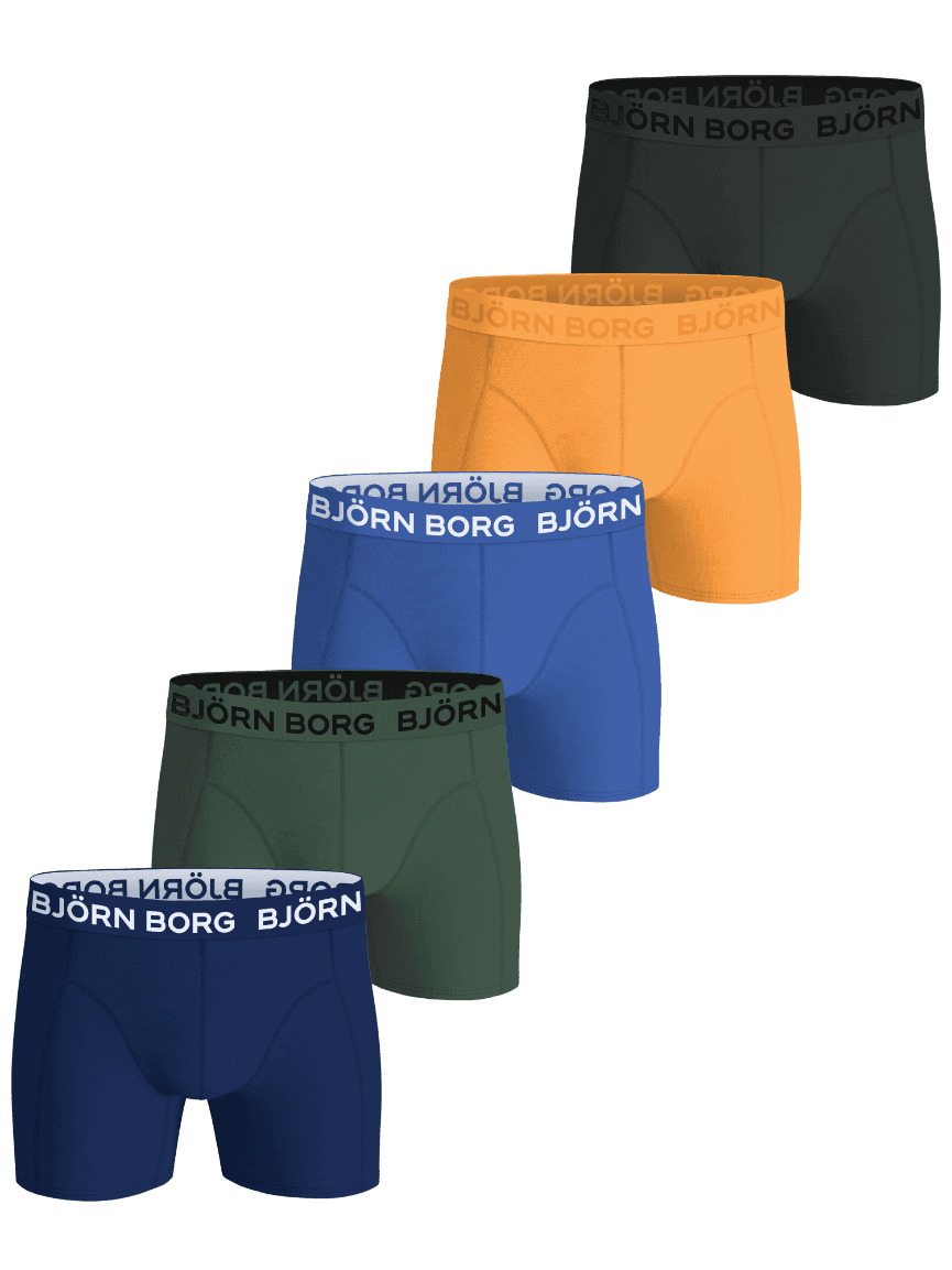 Cotton Stretch Boxers 5-pack for kids in green, orange, blue, and navy blue, featuring five soft cotton boxer briefs. - Image 1