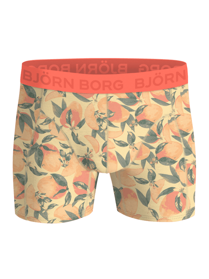 Front view of the Cotton Stretch Boxers 3-pack for kids in an orange fruit print with green leaves and soft cotton. - Image 4