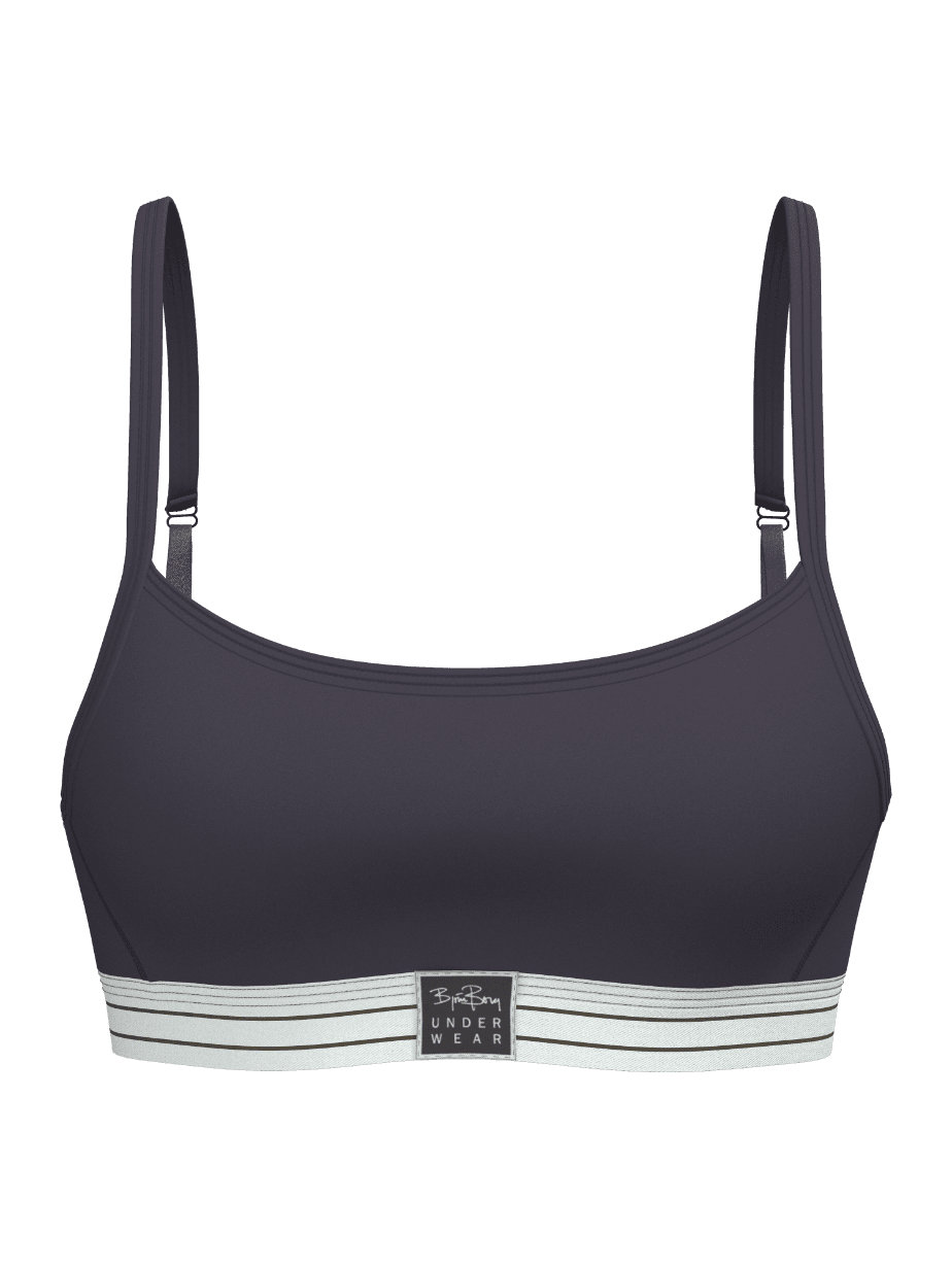 Original Bralette i marineblå med justerbare stropper og grå logo i myk økologisk bomull, sett forfra. - Image 2